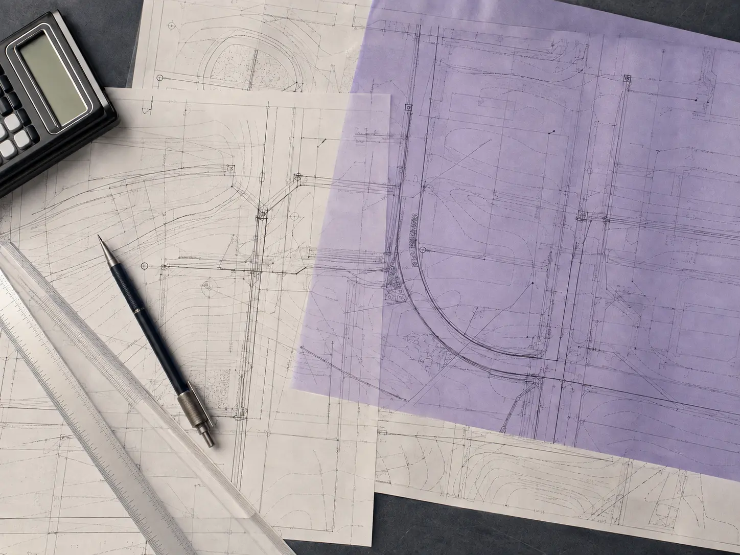 Civil engineering plans and technical drawings used for project coordination